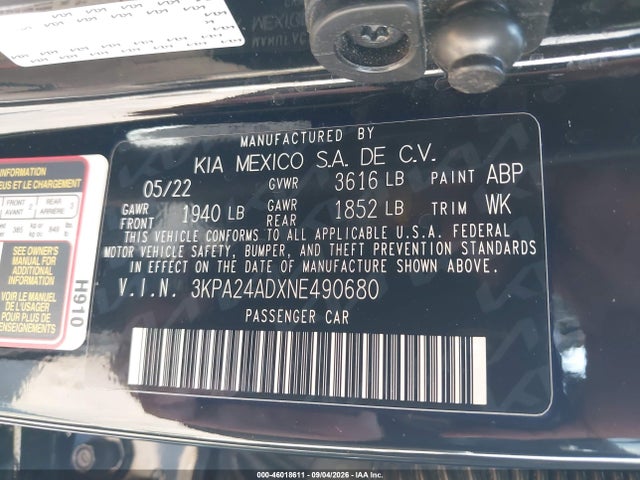 Aukcja sprzedaży 2022 Kia Rio S, vin: 3KPA24ADXNE490680, numer aukcji: 46018611