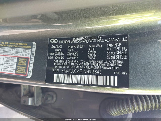 Aukcja sprzedaży 2022 Hyundai Tucson Se, vin: 5NMJACAE1NH016843, numer aukcji: 46018614
