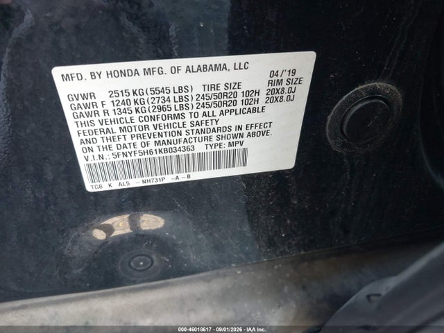 Aukcja sprzedaży 2019 Honda Pilot Touring, vin: 5FNYF5H61KB034363, numer aukcji: 46018617