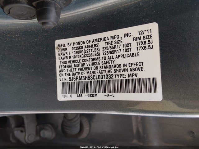 46018629 :رقم المزاد ، 5J6RM3H53CL001332 vin ، 2012 Honda Cr-v Ex مزاد بيع