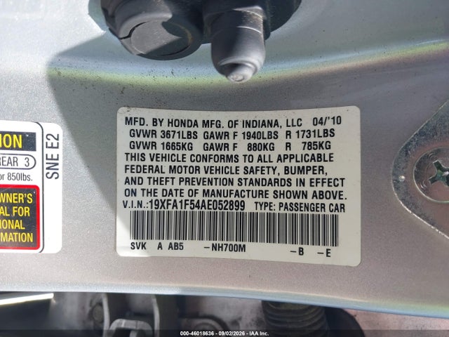 2010 Honda Civic Lx მანქანა იყიდება აუქციონზე, vin: 19XFA1F54AE052899, აუქციონის ნომერი: 46018636