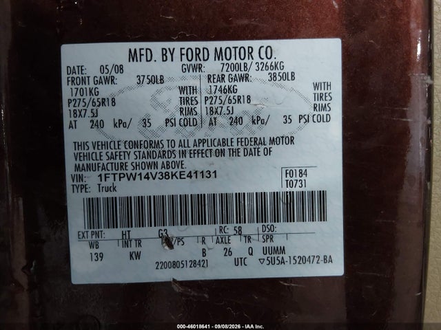 46018641 :رقم المزاد ، 1FTPW14V38KE41131 vin ، 2008 Ford F-150 60th Anniversary/fx4/king Ranch/lariat/xlt مزاد بيع