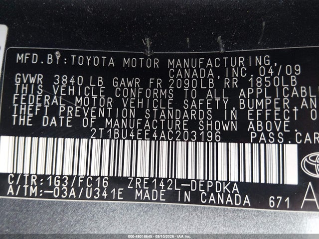 46018645 :رقم المزاد ، 2T1BU4EE4AC203196 vin ، 2010 Toyota Corolla Le مزاد بيع