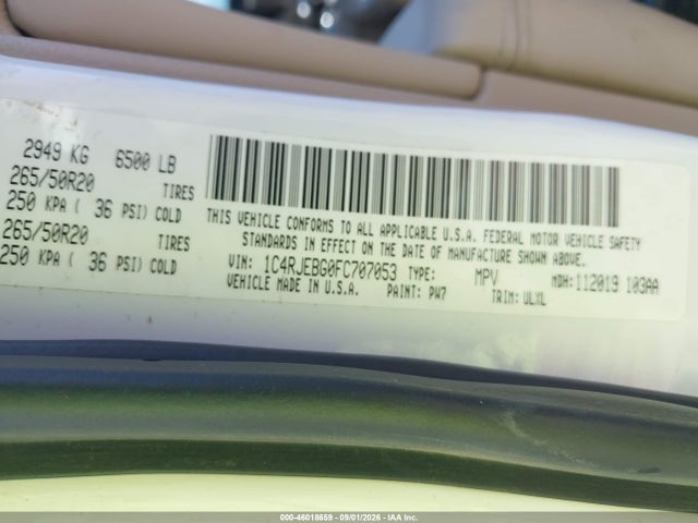 Aukcja sprzedaży 2015 Jeep Grand Cherokee Limited, vin: 1C4RJEBG0FC707053, numer aukcji: 46018659