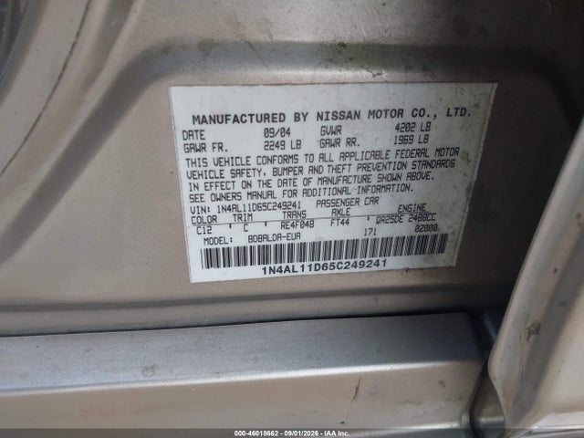 2005 Nissan Altima 2.5 S მანქანა იყიდება აუქციონზე, vin: 1N4AL11D65C249241, აუქციონის ნომერი: 46018662