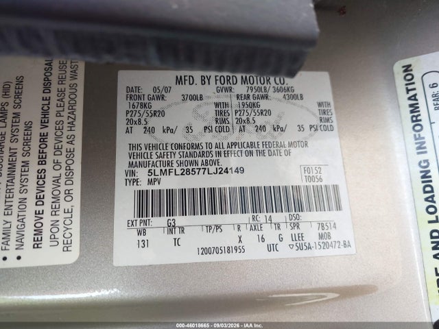 Aukcja sprzedaży 2007 Lincoln Navigator L, vin: 5LMFL28577LJ24149, numer aukcji: 46018665