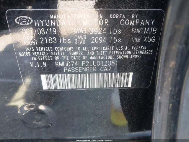 46018664 :رقم المزاد ، KMHD74LF2LU012051 vin ، 2020 Hyundai Elantra Se مزاد بيع