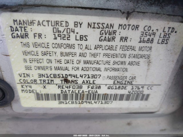 Продажа на аукционе авто 2004 Nissan Sentra 1.8s, vin: 3N1CB51D94L471307, номер лота: 46018669