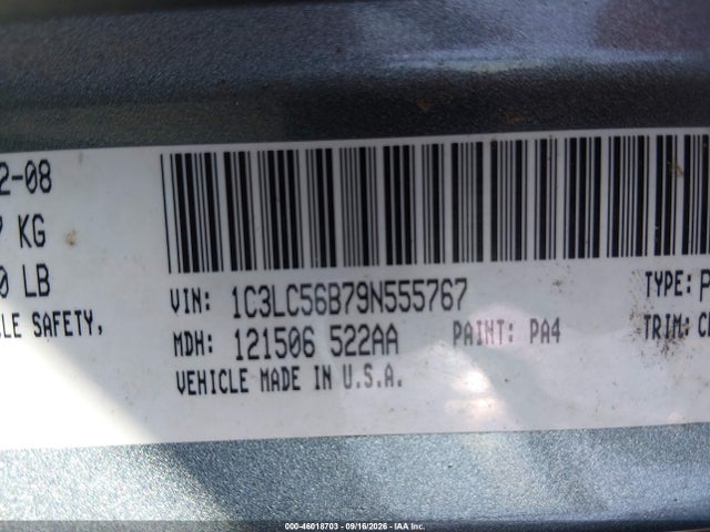 46018703 :رقم المزاد ، 1C3LC56B79N555767 vin ، 2009 Chrysler Sebring Touring مزاد بيع