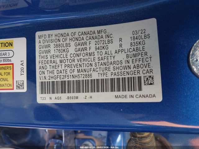 Honda Civic Sport 2022 2HGFE2F51NH572886 Image 9