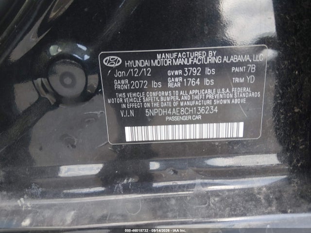 Aukcja sprzedaży 2012 Hyundai Elantra Gls, vin: 5NPDH4AE8CH136234, numer aukcji: 46018732