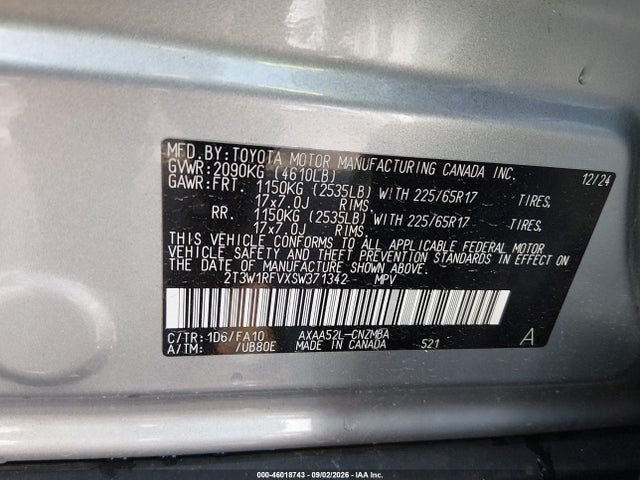 Продажа на аукционе авто 2025 Toyota Rav4 Xle, vin: 2T3W1RFVXSW371342, номер лота: 46018743