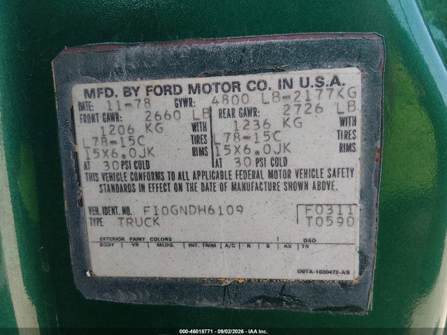 Продаж на аукціоні авто 1979 Ford F100, vin: F10GNDH6109, номер лоту: 46018771