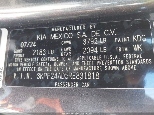 Продаж на аукціоні авто 2024 Kia Forte Lxs, vin: 3KPF24AD5RE831818, номер лоту: 46018780
