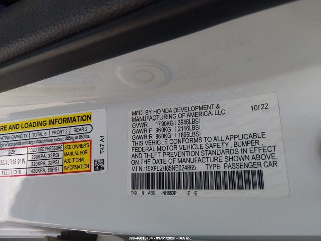 Aukcja sprzedaży 2022 Honda Civic Sport, vin: 19XFL2H85NE024865, numer aukcji: 46018784