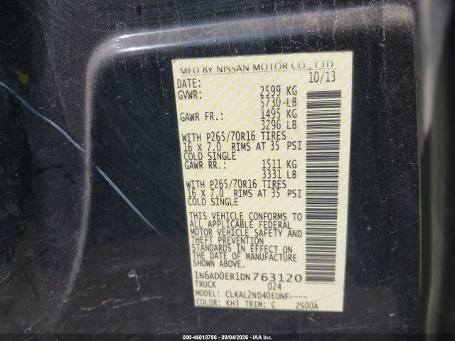46018796 :رقم المزاد ، 1N6AD0ER1DN763120 vin ، 2013 Nissan Frontier Sv مزاد بيع