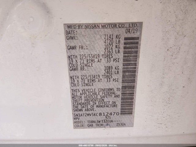 2019 Nissan Rogue Sl მანქანა იყიდება აუქციონზე, vin: 5N1AT2MV5KC812470, აუქციონის ნომერი: 46018799