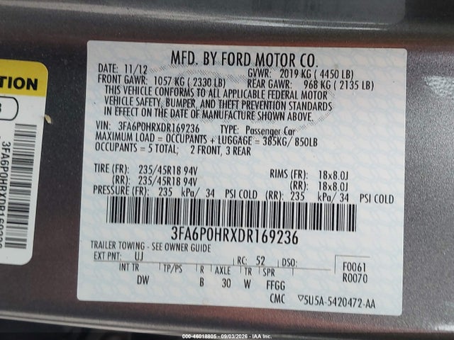 46018805 :رقم المزاد ، 3FA6P0HRXDR169236 vin ، 2013 Ford Fusion Se مزاد بيع