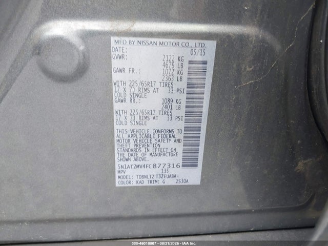 46018807 :رقم المزاد ، 5N1AT2MV4FC877316 vin ، 2015 Nissan Rogue Sv مزاد بيع