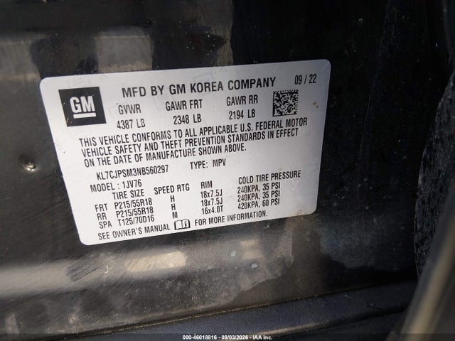 Продаж на аукціоні авто 2022 Chevrolet Trax Awd Lt, vin: KL7CJPSM3NB560297, номер лоту: 46018816