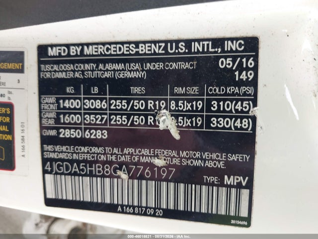 2016 Mercedes-benz Gle 350 4matic მანქანა იყიდება აუქციონზე, vin: 4JGDA5HB8GA776197, აუქციონის ნომერი: 46018821