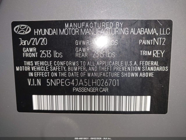 Aukcja sprzedaży 2020 Hyundai Sonata Se, vin: 5NPEG4JA5LH026701, numer aukcji: 46018831