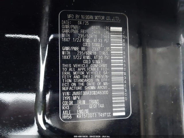 2025 Nissan Rogue Sv Fwd მანქანა იყიდება აუქციონზე, vin: JN8BT3BA3SW346300, აუქციონის ნომერი: 46018838