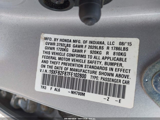 Продажа на аукционе авто 2015 Honda Civic Ex, vin: 19XFB2F87FE102800, номер лота: 46018839