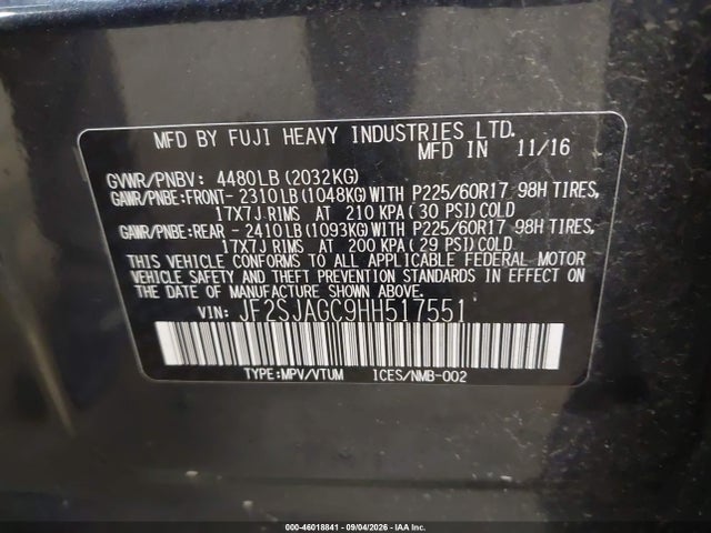 2017 Subaru Forester 2.5i Premium მანქანა იყიდება აუქციონზე, vin: JF2SJAGC9HH517551, აუქციონის ნომერი: 46018841