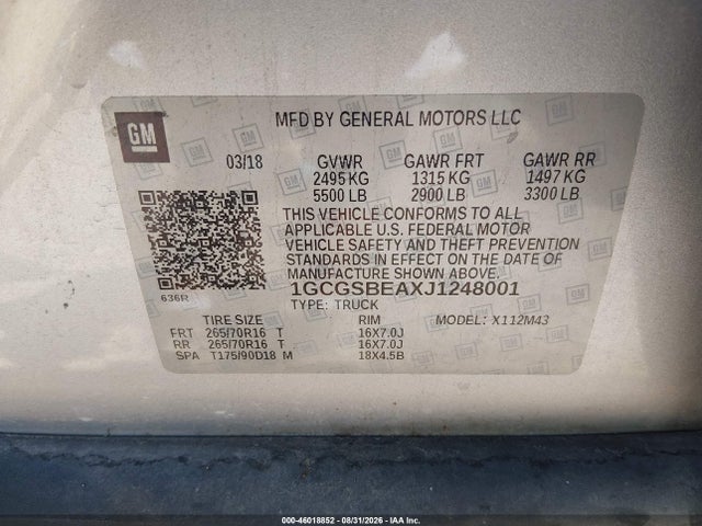 46018852 :رقم المزاد ، 1GCGSBEAXJ1248001 vin ، 2018 Chevrolet Colorado Wt مزاد بيع