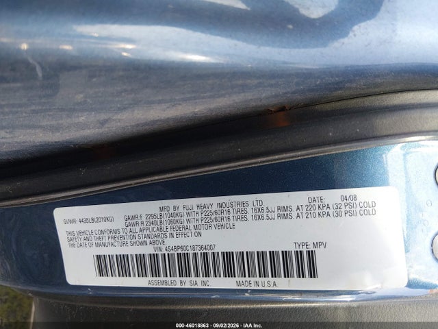 46018863 :رقم المزاد ، 4S4BP60C187364007 vin ، 2008 Subaru Outback مزاد بيع
