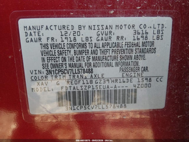 46018870 :رقم المزاد ، 3N1CP5CV7LL578488 vin ، 2020 Nissan Kicks Sv Xtronic Cvt مزاد بيع