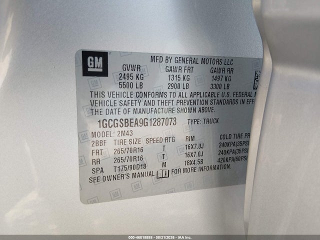 46018888 :رقم المزاد ، 1GCGSBEA9G1287073 vin ، 2016 Chevrolet Colorado Wt مزاد بيع
