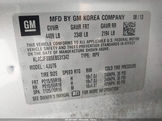 46018897 :رقم المزاد ، KL4CJFSB5EB531342 vin ، 2014 Buick Encore Convenience مزاد بيع