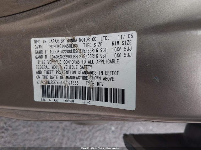 Aukcja sprzedaży 2006 Honda Cr-v Lx, vin: JHLRD78546C021366, numer aukcji: 46018901