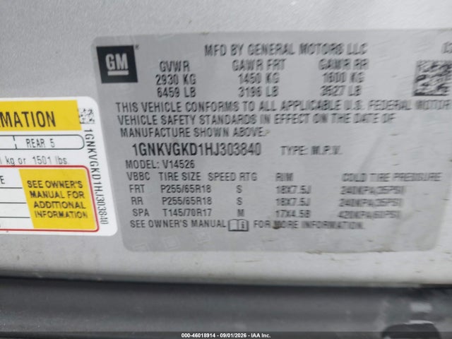 Aukcja sprzedaży 2017 Chevrolet Traverse 1lt, vin: 1GNKVGKD1HJ303840, numer aukcji: 46018914