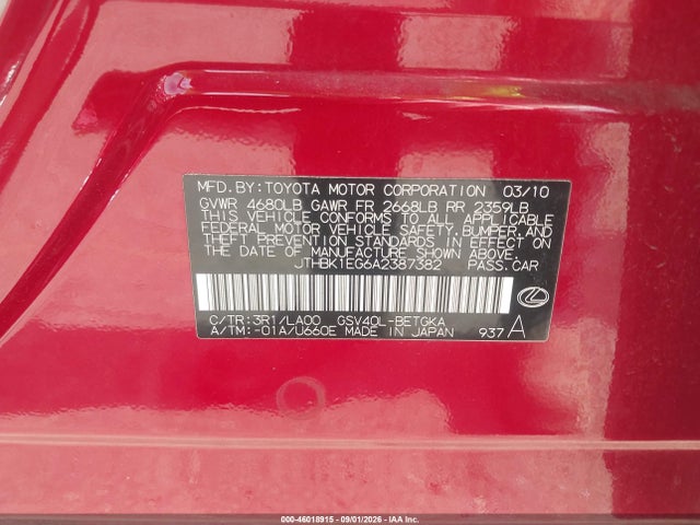 Aukcja sprzedaży 2010 Lexus Es 350, vin: JTHBK1EG6A2387382, numer aukcji: 46018915