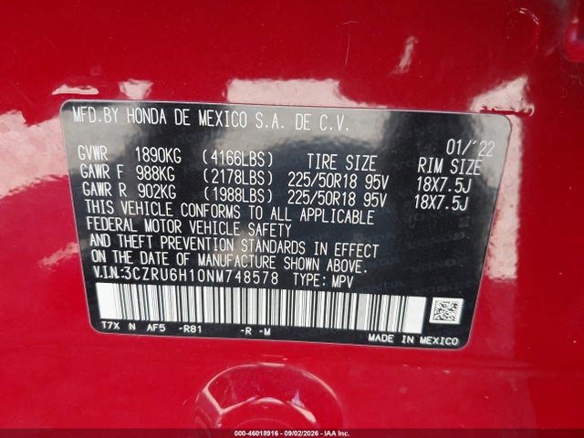 46018916 :رقم المزاد ، 3CZRU6H10NM748578 vin ، 2022 Honda Hr-v Awd Sport مزاد بيع