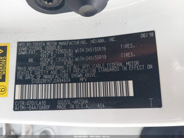 46018928 :رقم المزاد ، 5TDDZRFH7JS894604 vin ، 2018 Toyota Highlander Limited مزاد بيع