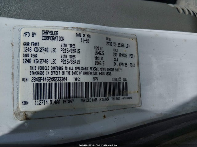 46018931 :رقم المزاد ، 2B4GP44G2XR233304 vin ، 1999 Dodge Grand Caravan Se مزاد بيع