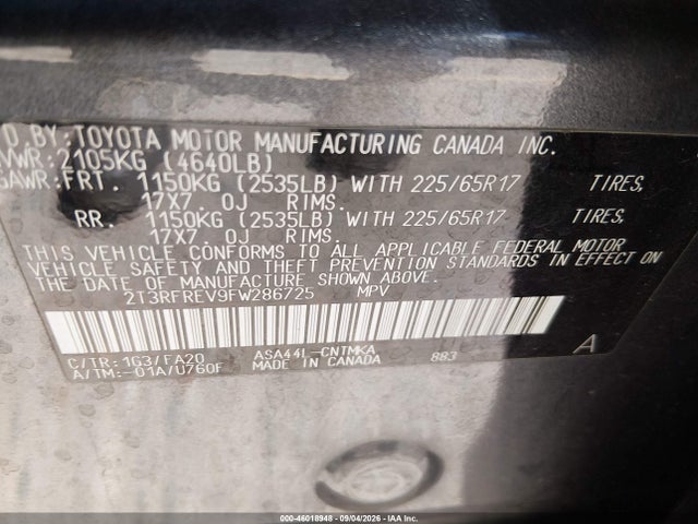 Продажа на аукционе авто 2015 Toyota Rav4 Xle, vin: 2T3RFREV9FW286725, номер лота: 46018948