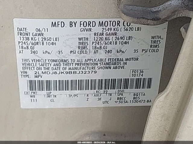 46018951 :رقم المزاد ، 2LMDJ8JK9BBJ32379 vin ، 2011 Lincoln Mkx مزاد بيع