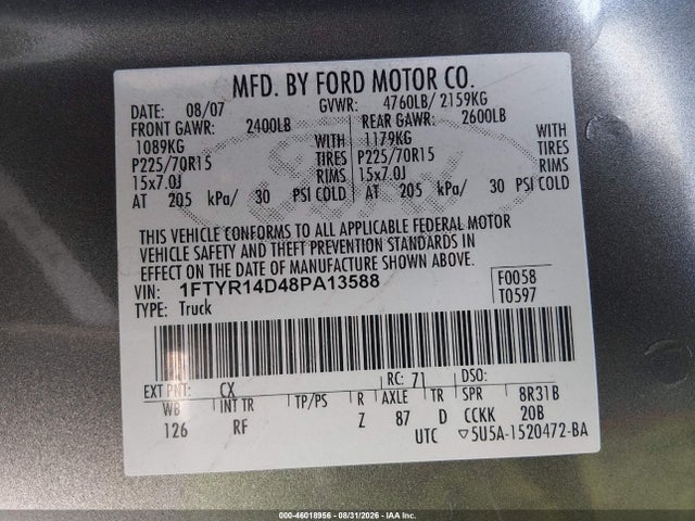 Aukcja sprzedaży 2008 Ford Ranger Xlt, vin: 1FTYR14D48PA13588, numer aukcji: 46018956
