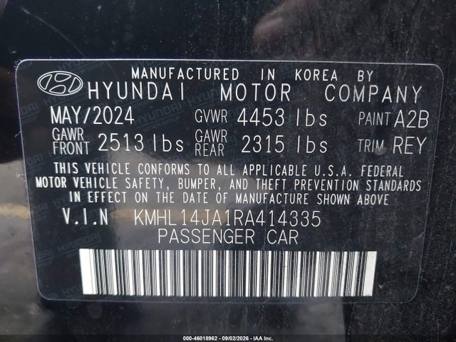 Продажа на аукционе авто 2024 Hyundai Sonata Sel, vin: KMHL14JA1RA414335, номер лота: 46018962