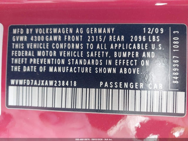46018976 :رقم المزاد ، WVWFD7AJXAW238418 vin ، 2010 Volkswagen Gti 2-door مزاد بيع