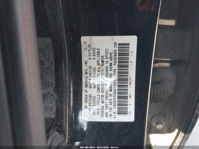 Продажа на аукционе авто 2013 Honda Accord Touring, vin: 1HGCR3F93DA015832, номер лота: 46018979