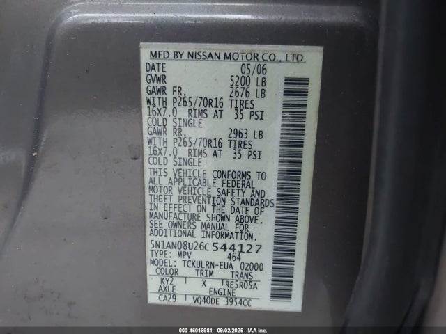 2006 Nissan Xterra S მანქანა იყიდება აუქციონზე, vin: 5N1AN08U26C544127, აუქციონის ნომერი: 46018981