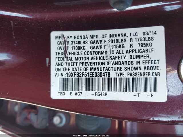 Aukcja sprzedaży 2014 Honda Civic Lx, vin: 19XFB2F51EE030478, numer aukcji: 46018985