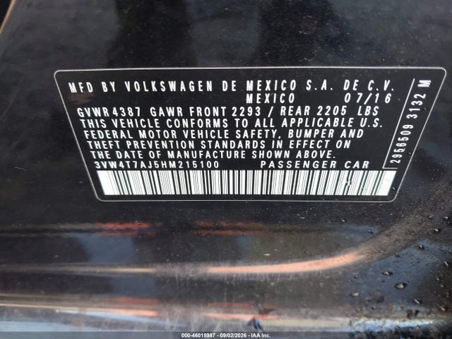 Aukcja sprzedaży 2017 Volkswagen Jetta Gli, vin: 3VW4T7AJ5HM215100, numer aukcji: 46018987