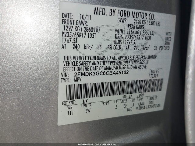 Aukcja sprzedaży 2012 Ford Edge Se, vin: 2FMDK3GC6CBA45102, numer aukcji: 46018996